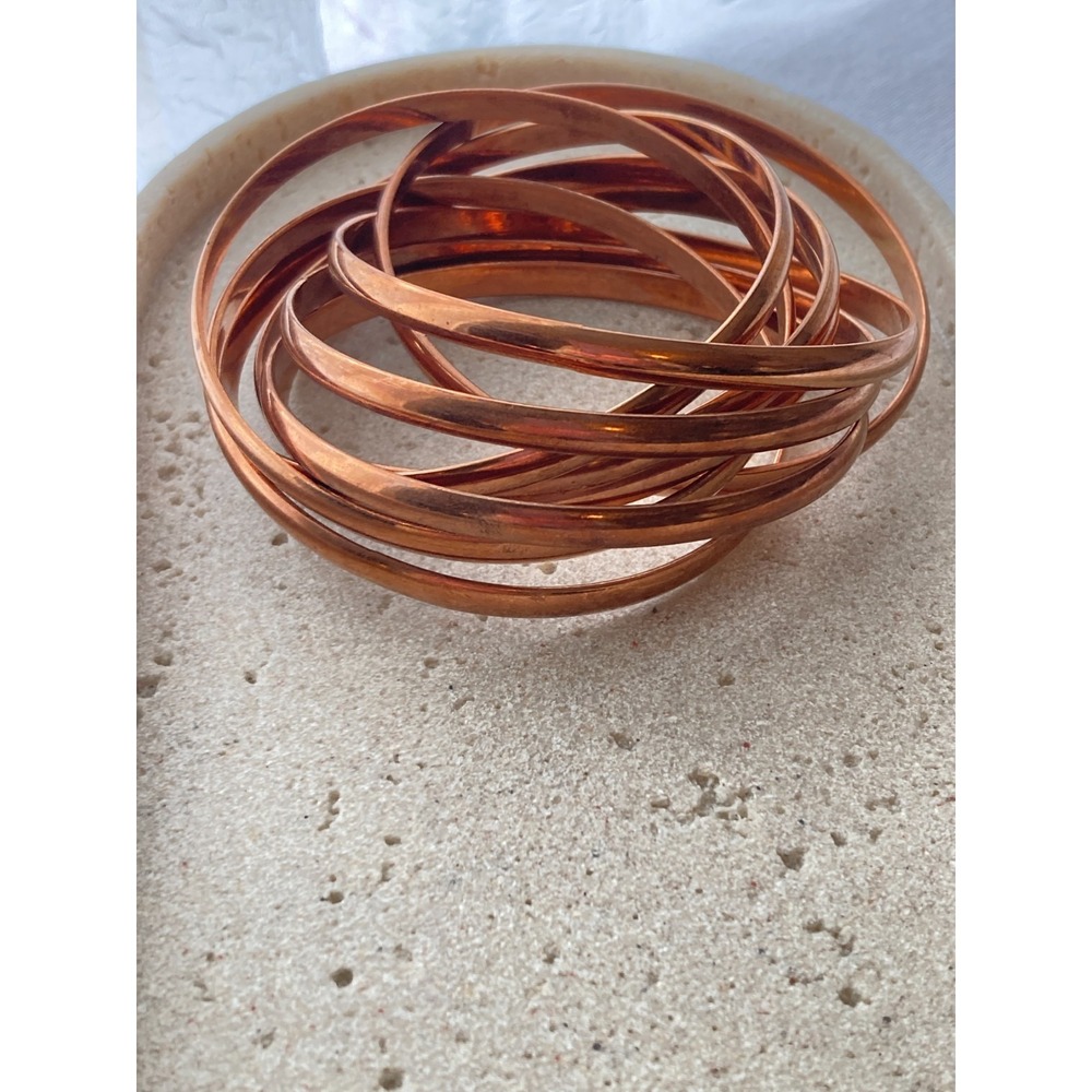 Copper Tone Bangle Bracelet Set of 9 Stackable Skinny Bangles Modernist Stacking